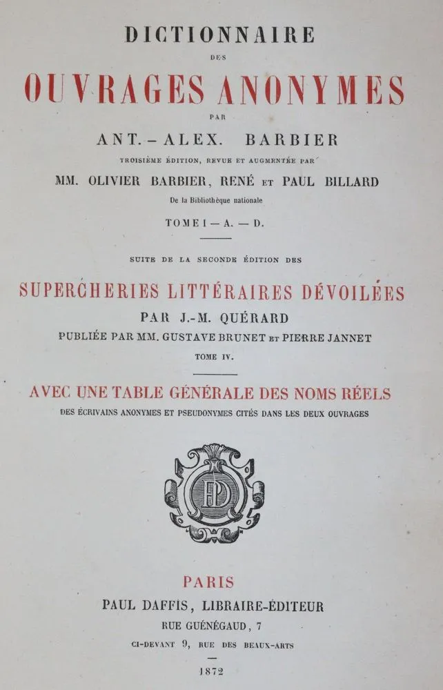 Barbier,A.A. – Dictionnaire des ouvrages anonymes