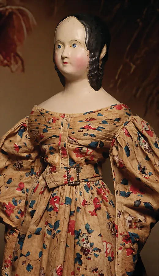 Poupée représentative précoce en papier mâché vers 1850 avec une aura impressionnante