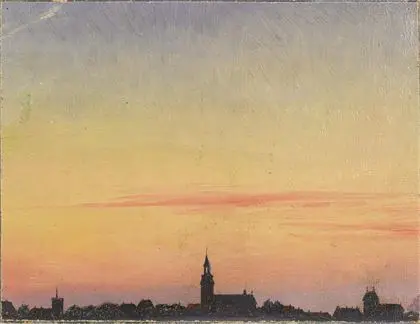 Senromantiker 19. årh.: Vid aftenhimmel over landsbysilhuet