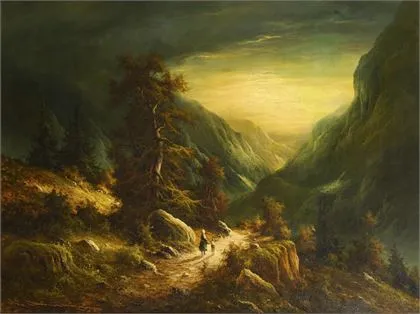 MUNINGER, Ludwig (1929 Лехгаузен - 1997 Аугсбург). Атмосферний гірський пейзаж зі стафажем