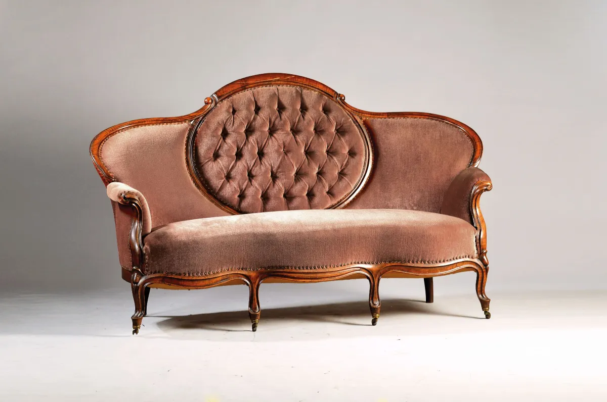 Historicism sofa, purple upholstery, circa 1870, solid walnut, double-curved