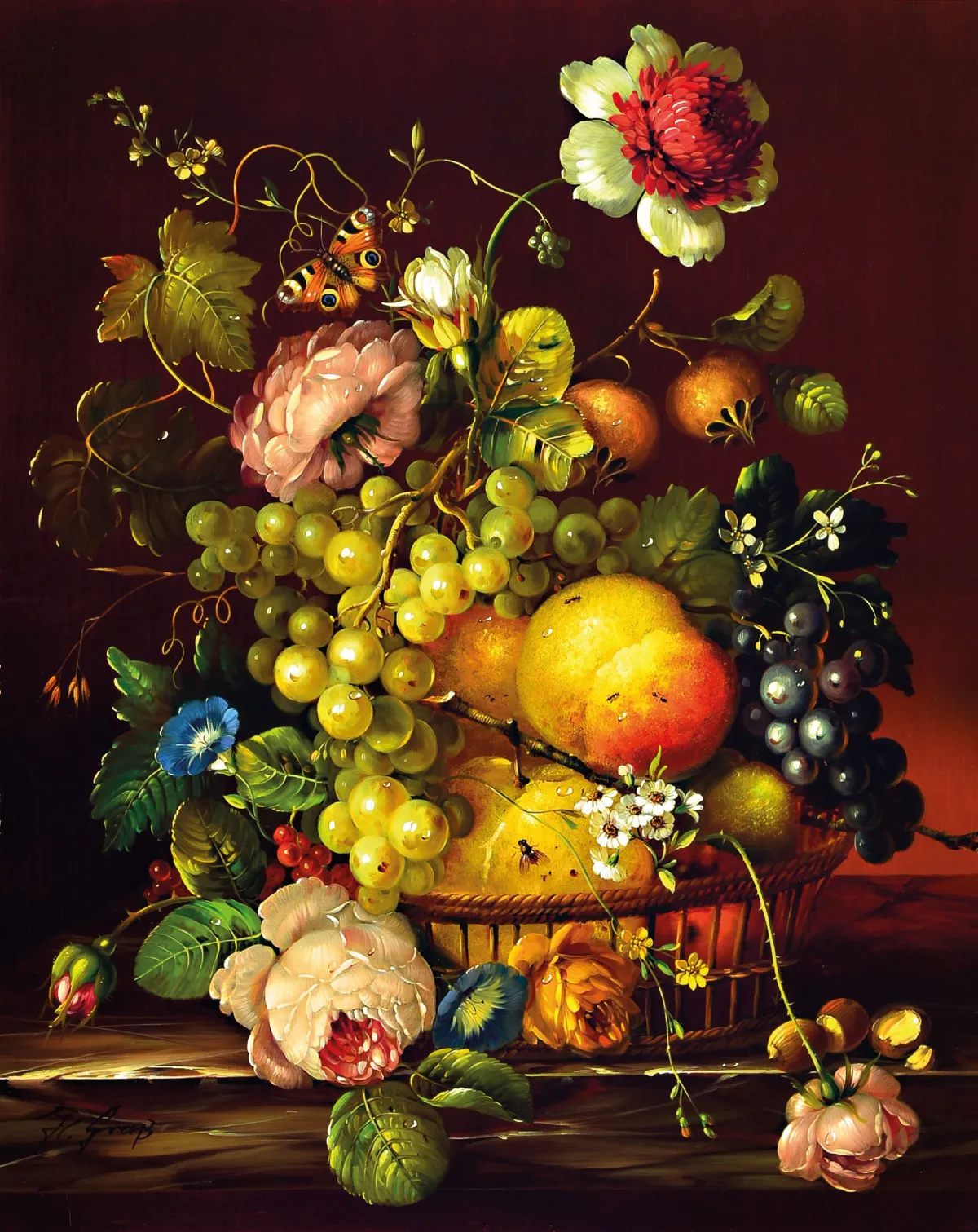 Hans Graß, 1935-2014, weelderig bloem- en fruitstilleven met insecten in oude