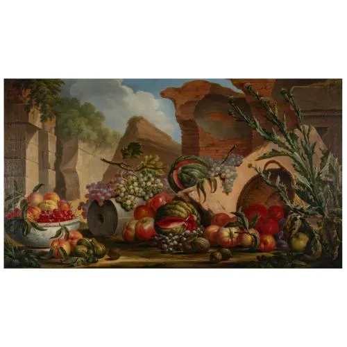 Adolph Friedrich Harper – Früchtestillleben vor römischen Ruinen in einer Campagnalandschaft, 1772