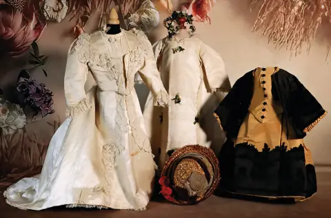 drei außergewöhnliche antike Puppenkleider um 1885