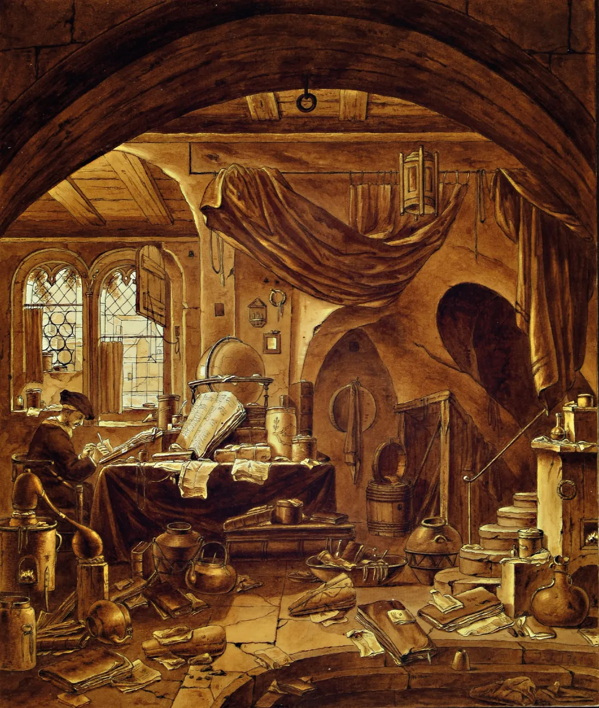 Monogrammist J.J. dated 1761, scholar in his study, fine detailed