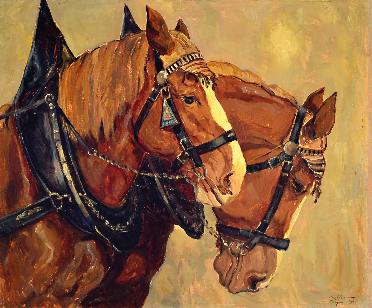 E. Geyer, dated, farm horses, oil/canvas, signed, dated 36, oil/panel, approx. 50 x 60