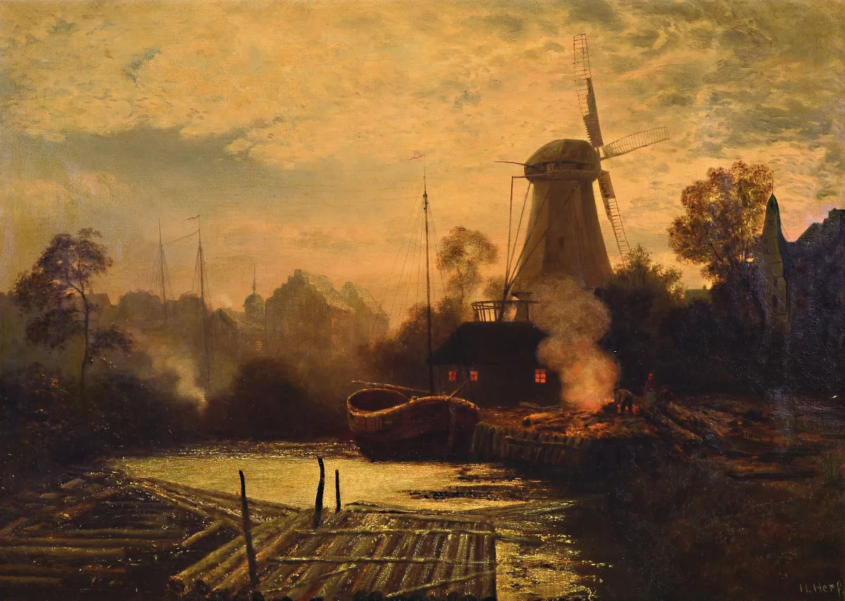 H. Herf, Dutch artist of the 19th century, Dutch town, view along