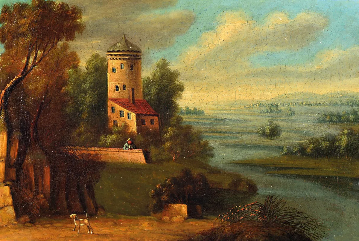 Unknown painter of the 18th century, castle on the riverbank, a man looks from the balustrade,