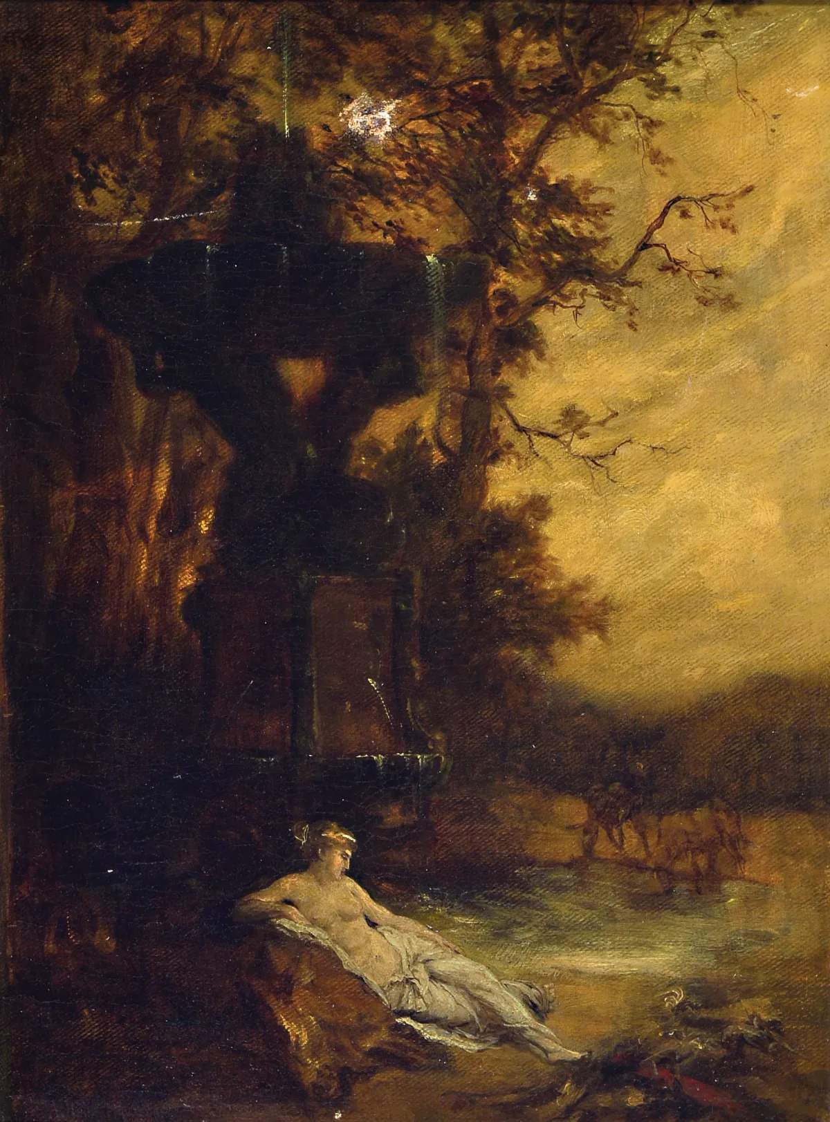 Prof. August Holmberg, 1851-1911 München, Landschaft mit Nymphäum, an einen Stein