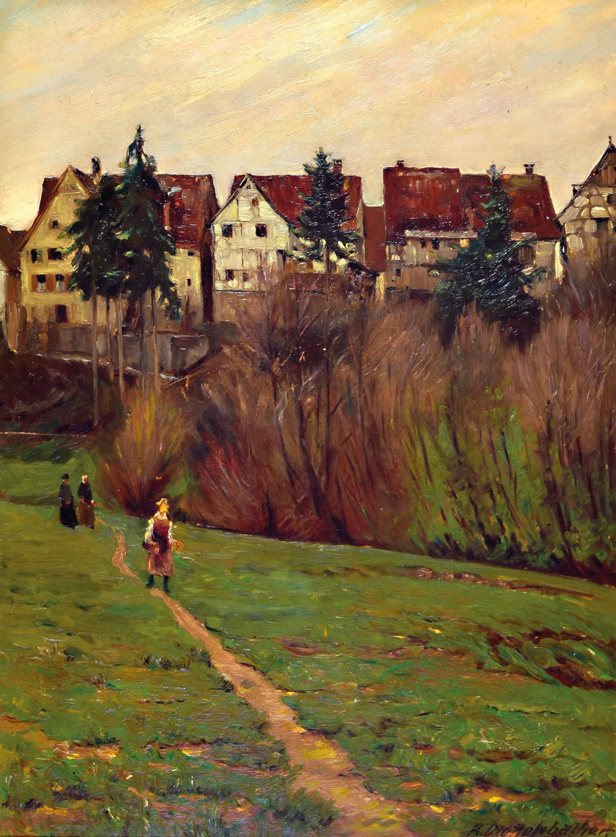August Wilhelm Dieffenbacher, 1858 Mannheim-1940 Monachium, służące na tle wsi,