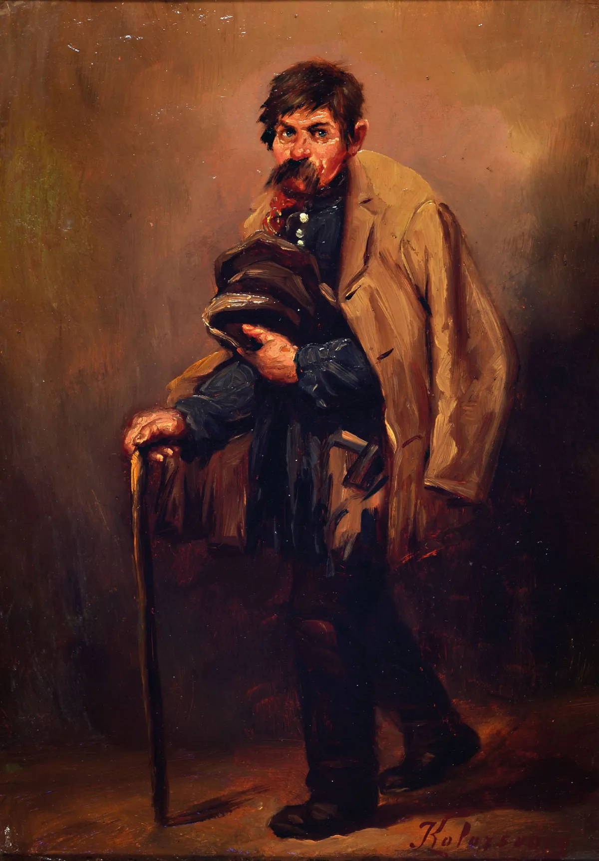 Lajos Kolozsvary, 1871-1937 Budapest, full portrait of a beggar, oil/hardboard, right