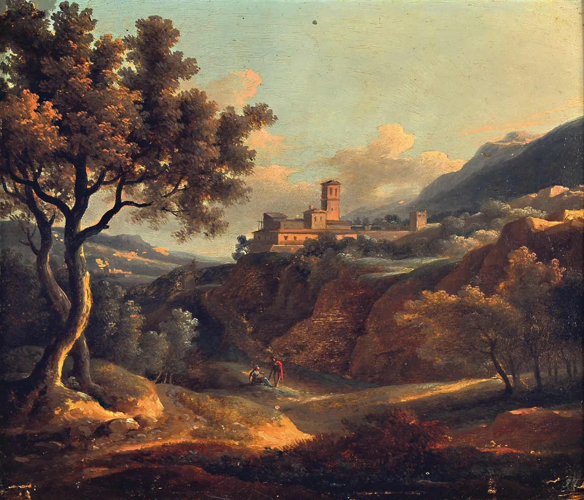 Onbekende kunstenaar rond 1800, Noord-Italiaans landschap met rustend paar,