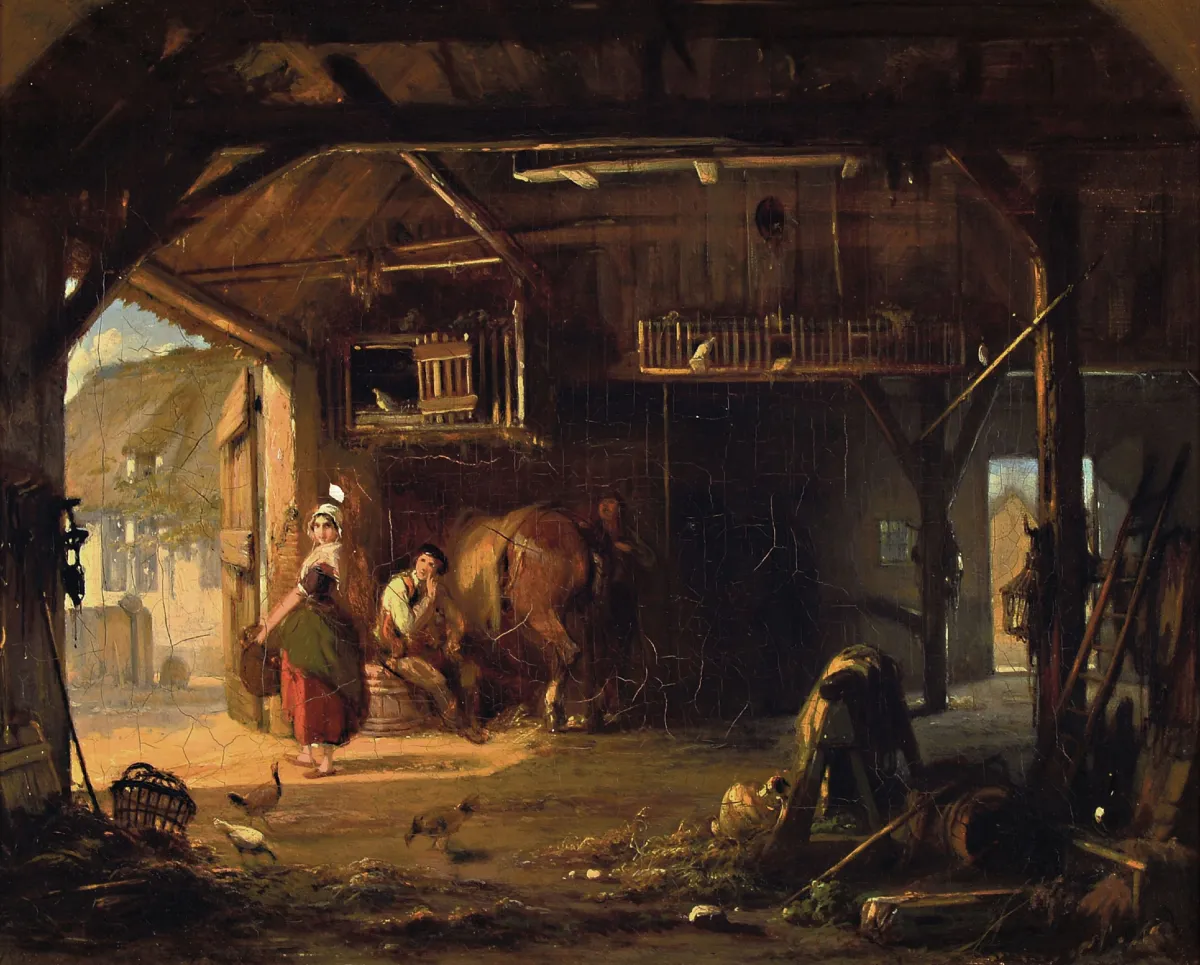 Jean-Louis van Kuyck, 1821-1871 Antwerp, Stable interior with maid and farrier, left