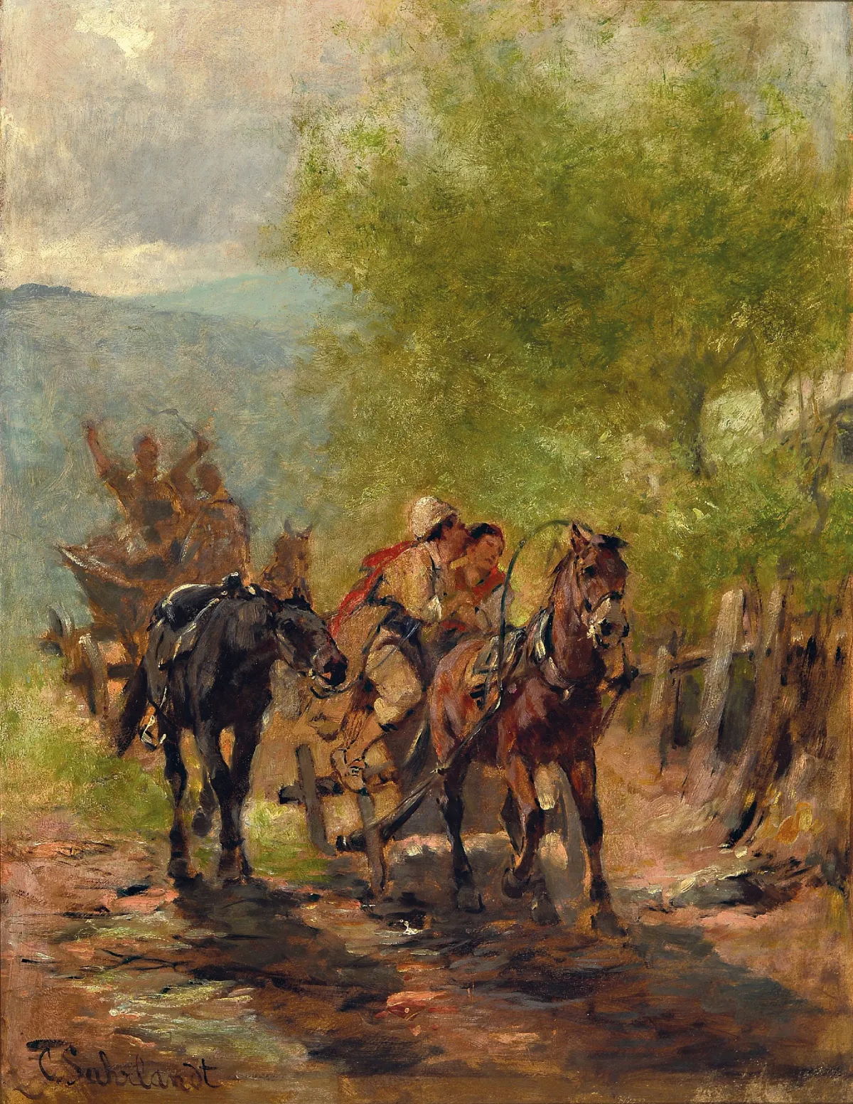 Carl Suhrlandt, 1828 Ludwigslust-1919 Kochel am See, bäuerlicher Wagenzug mit Pferden,