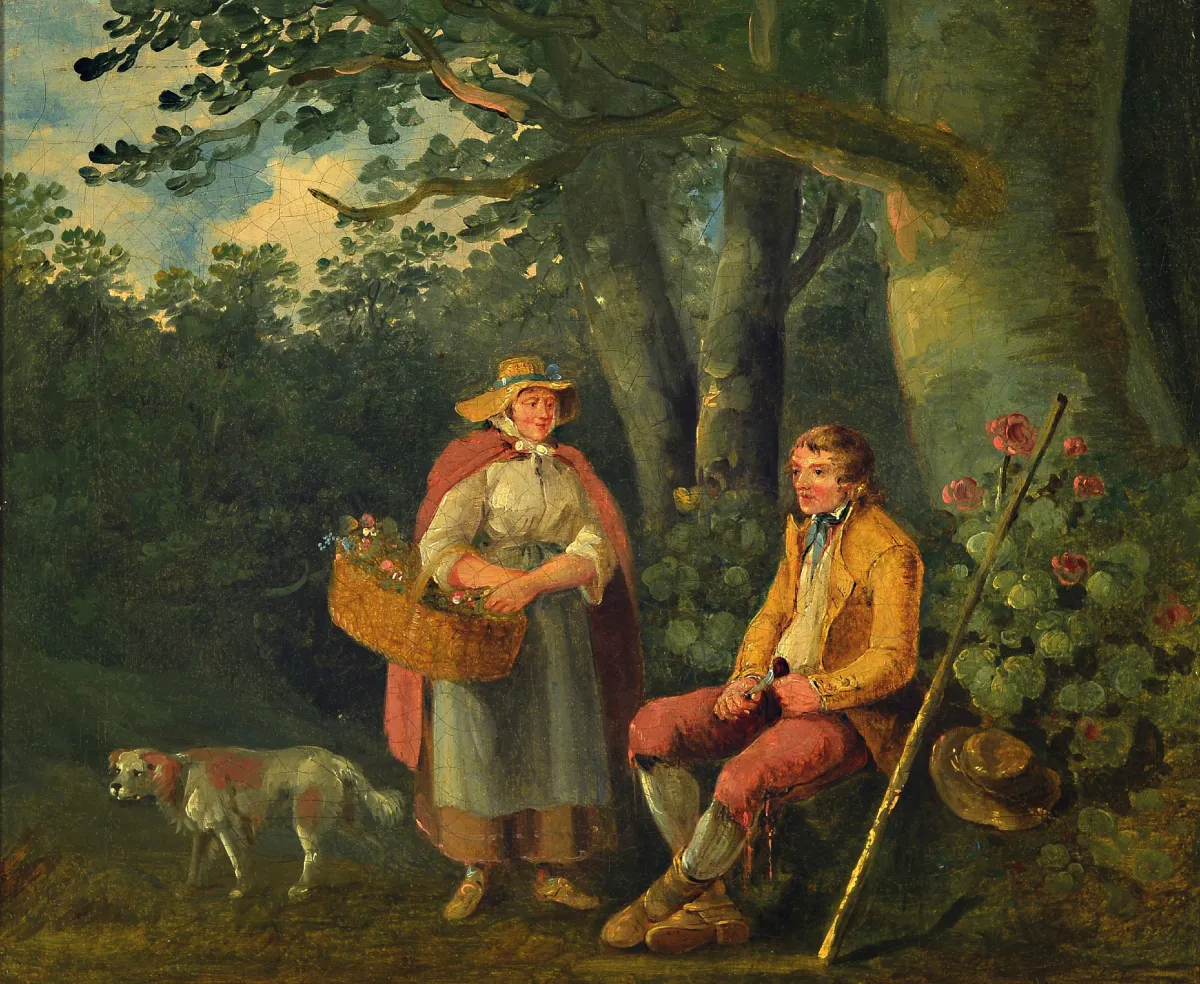 Onbekende kunstenaar, vermoedelijk Duits, midden 19e eeuw, ontmoeting aan de bosrand, olie/doek