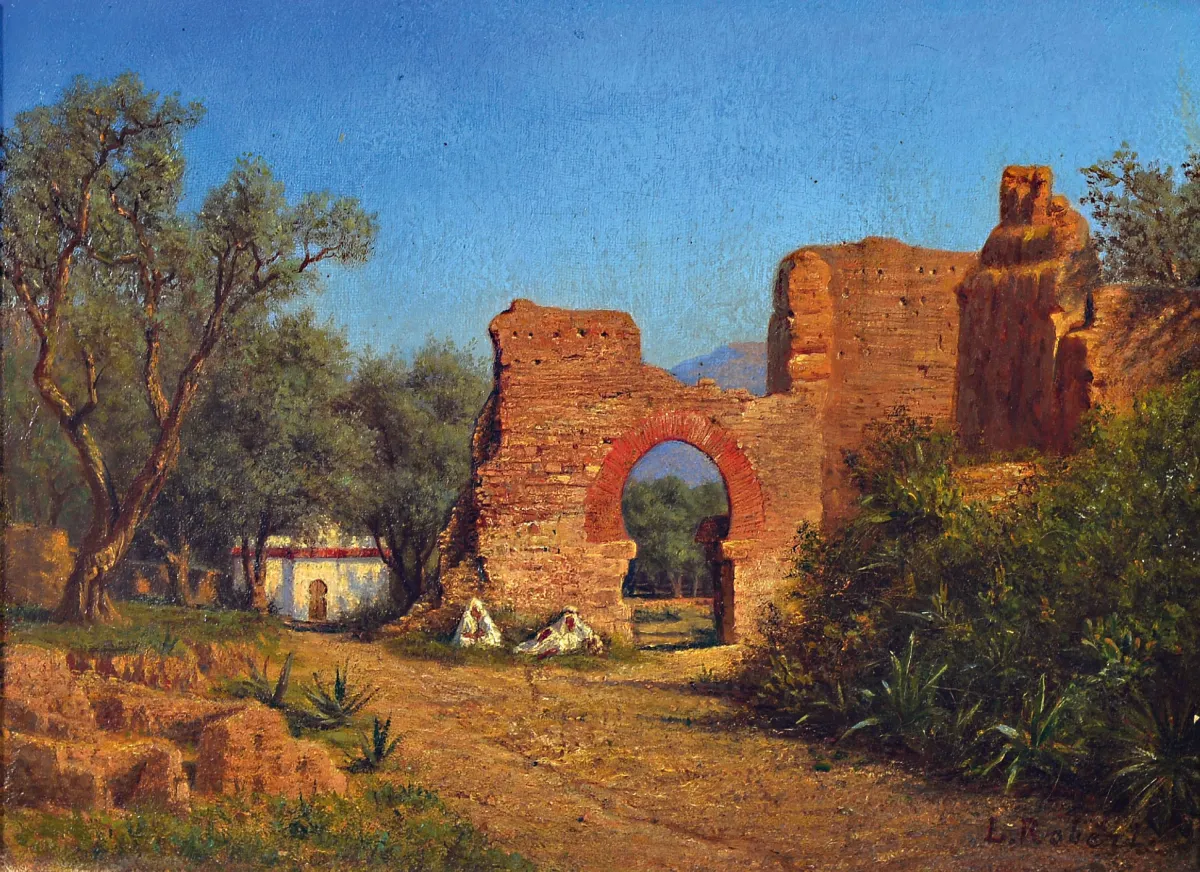 Leopold Robert, 1850-1935, belgisch, Ruine mit zwei Beduinen in südlicher Landschaft,