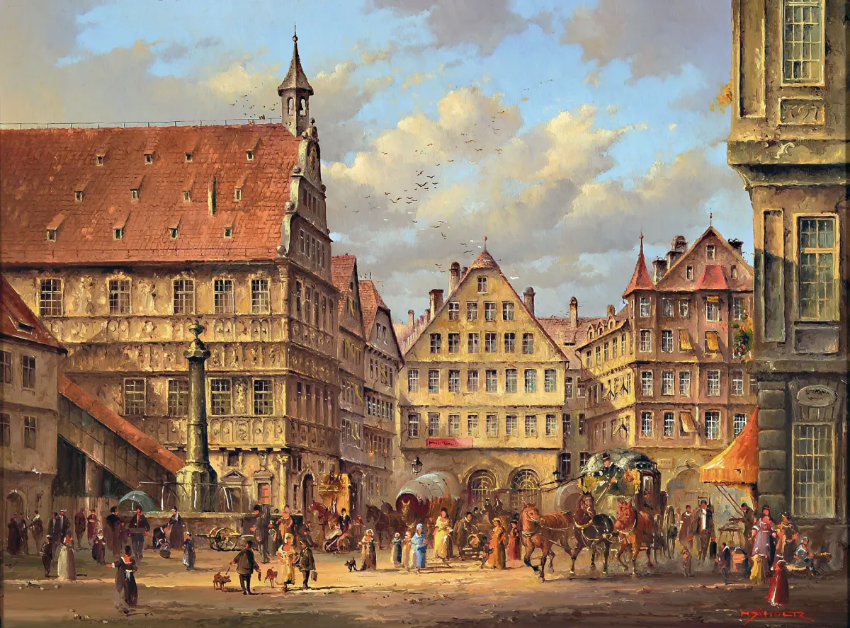 Heinz Scholz, geb.1925 Berlin,, Stuttgarter Marktplatz, Öl/Holz, re. u. signiert, ca. 32