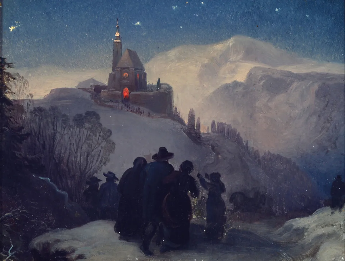 Nieznany artysta XIX w., pejzaż zimowy z rodziną idącą do kościoła,