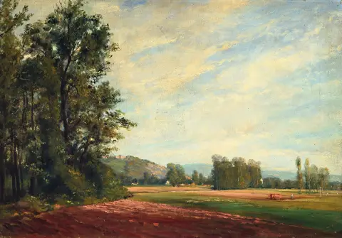 Artiste inconnu du XIXe siècle, vaste paysage avec groupes d'arbres et laboureur