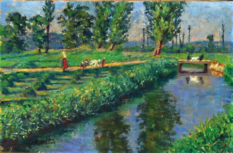 M. Wohlrab, début du XXe siècle, paysage estival impressionniste au bord de la rivière avec