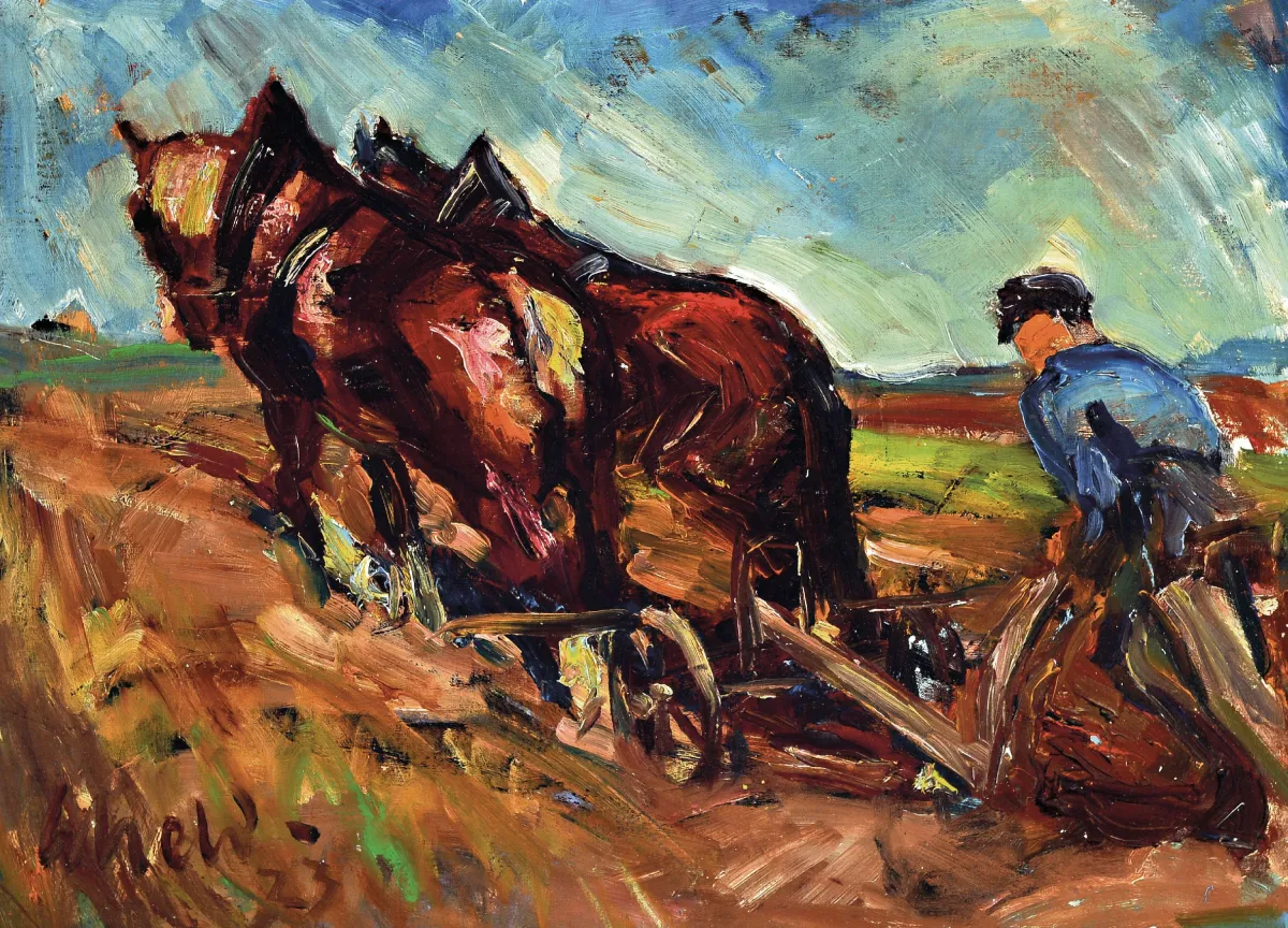 Karl Scheld, 1895 Lich/Oberhessen-1936 Darmstadt, pflügender Bauer, links unten