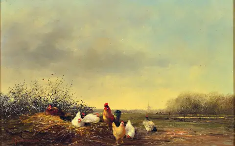 Fred Johannes Frauenfelder, né en 1945, troupe de poules devant un décor rural, en bas à gauche