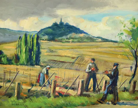 Willy Weber, 1895-1959 Ludwigshafen, aquarelle, paysage près de Wachenheim avec vignerons