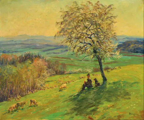 Wilhelm Hempfing, 1886 Schönau-1948 Karlsruhe, berger avec son troupeau dans une vaste