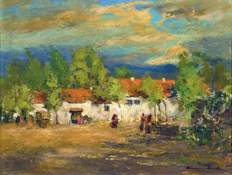 Hermann Nowak, né en 1890 à Vienne, Femmes à la fontaine devant un village du Sud, huile/bois,