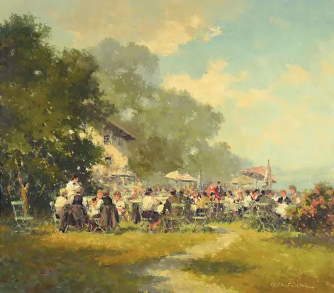 Alexander Follak, 1915 Moscou-2006 Munich, Scène animée de brasserie en plein air à un