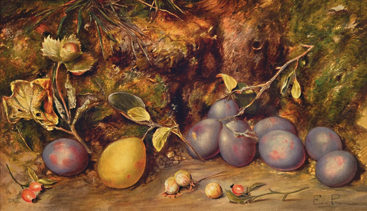 Ernest Preyer, 1842 Manchester-1917 Düsseldorf, nature morte forestière avec prunes,
