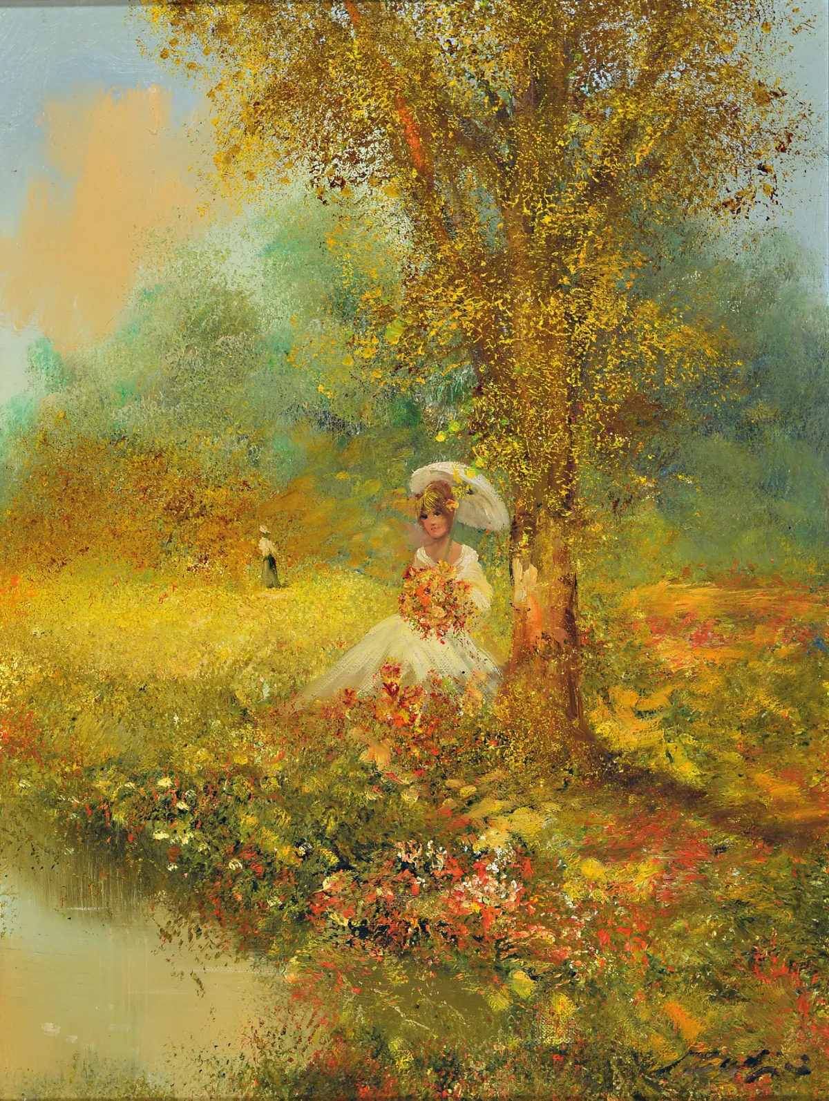 Madjid Rahnavardkar, 1943 Teheran-2020 München, Frau mit Sonnenschirm im Park, Öl/