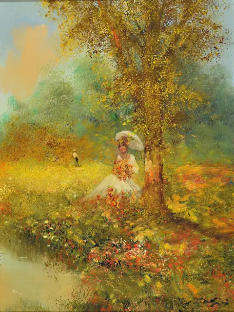 Madjid Rahnavardkar, 1943 Téhéran-2020 Munich, femme avec parasol dans le parc, huile/
