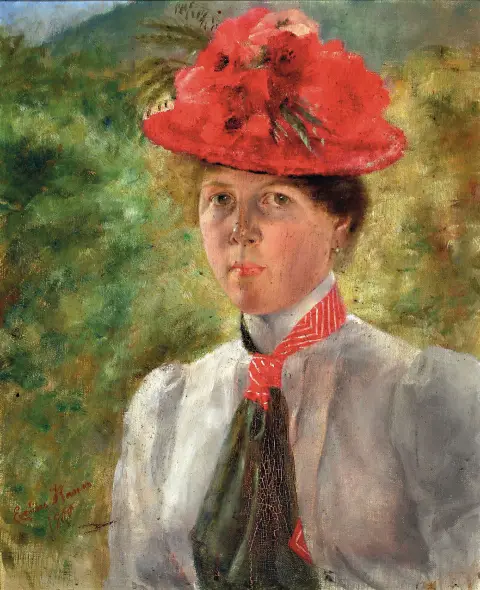 Eveline Kann, daté 1900, portrait d'une jeune femme avec chapeau fleuri, huile/toile,