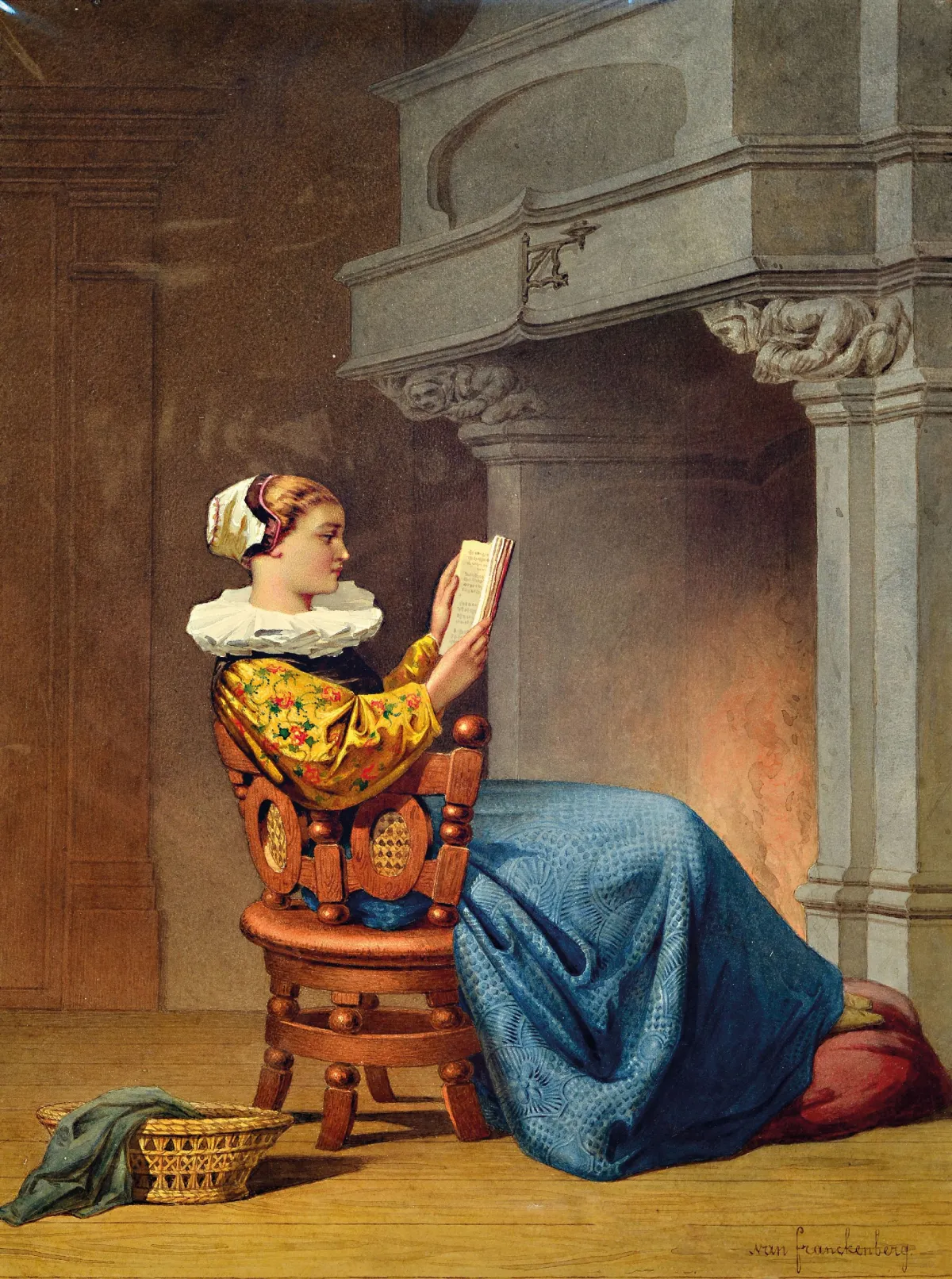 Desiré Oscar van Franckenberg, 1822-1907, jeune femme lisant devant la cheminée, fine