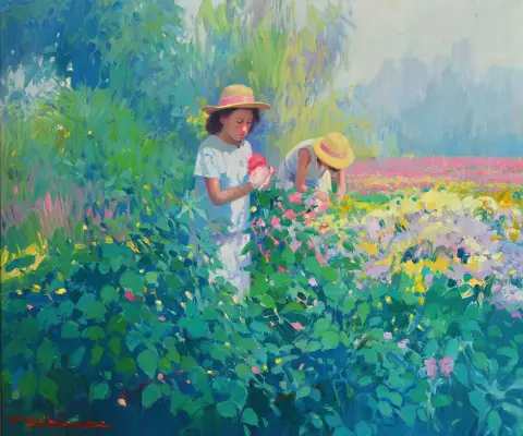 F. Calabria, artiste italien contemporain, deux filles aux fleurs