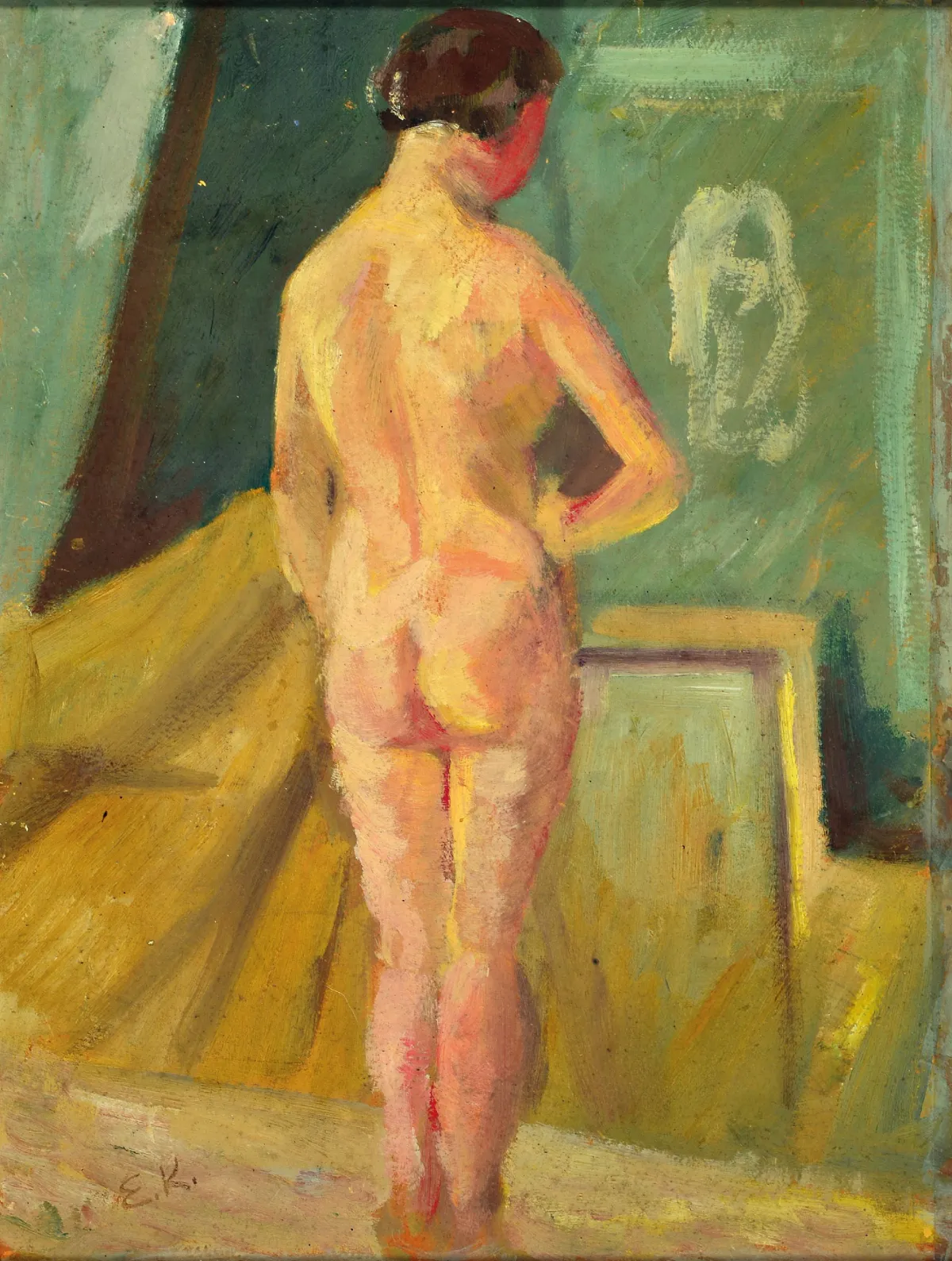 Eduard Kintrup, 1896 Dortmund-1959 Bonn, Intérieur avec nu de dos debout, gouache sur