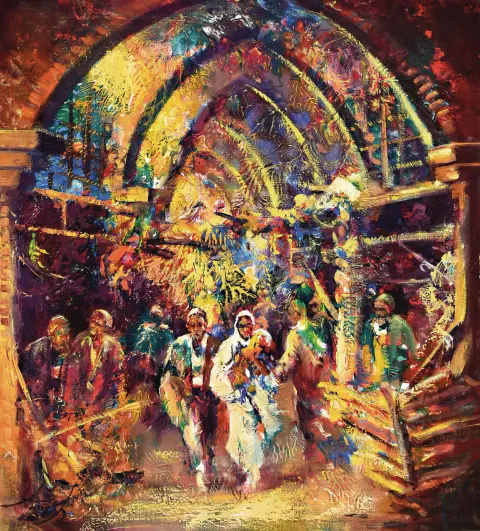Anoush Rahnarkvardkar, 1924-1983, Scène de bazar, signé en bas à gauche, huile/toile, cadre