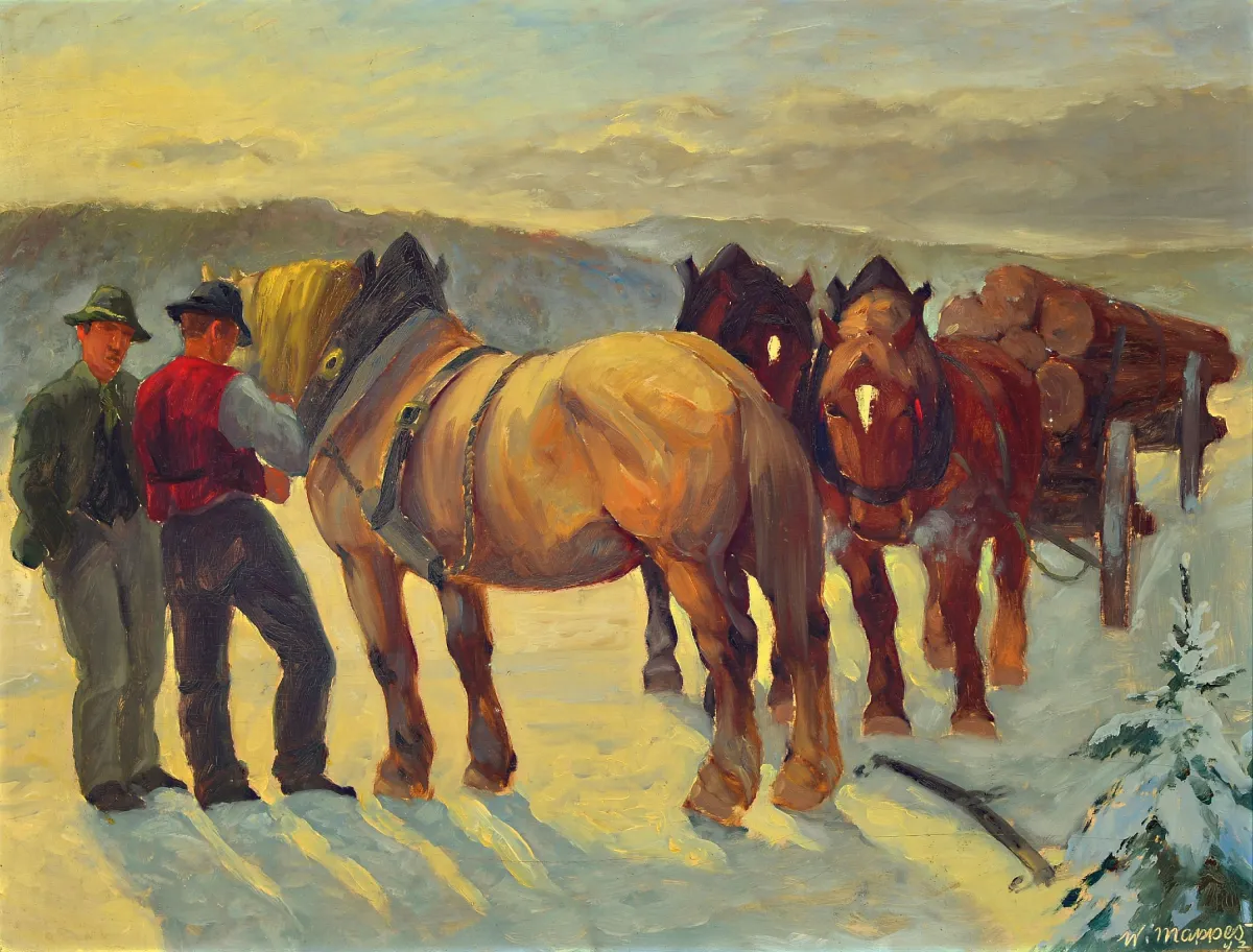 Werner Mappes, scène paysanne, deux ouvriers avec chevaux de trait, huile/panneau