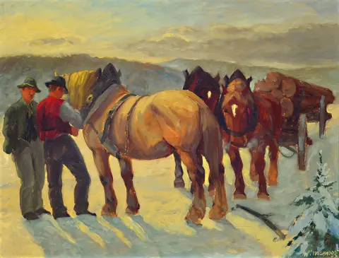 Werner Mappes, scène paysanne, deux ouvriers avec chevaux de trait, huile/panneau