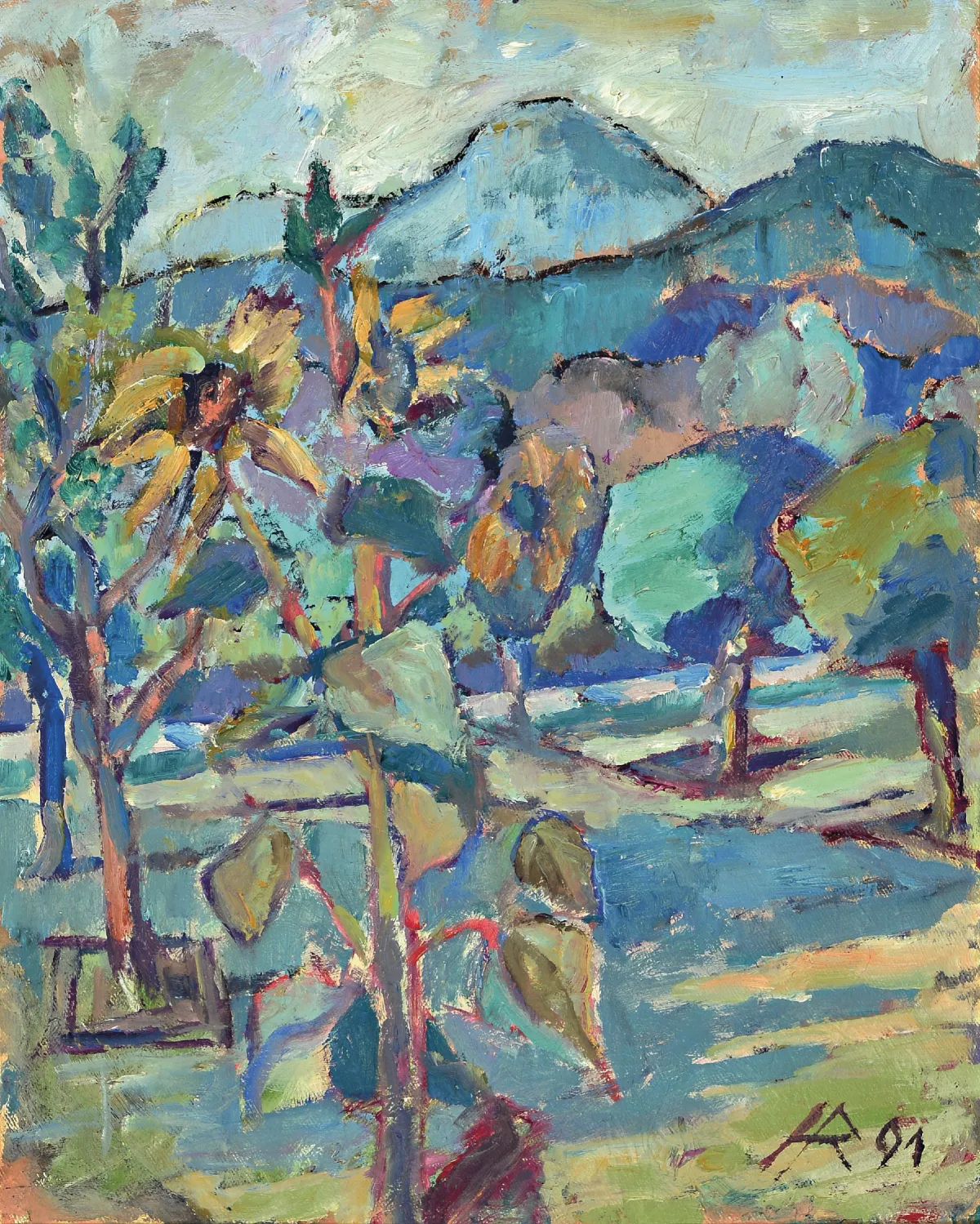 Heinz Reiss, 1923 Haßloch-2008, paysage palatin avec tournesols devant la Haardt