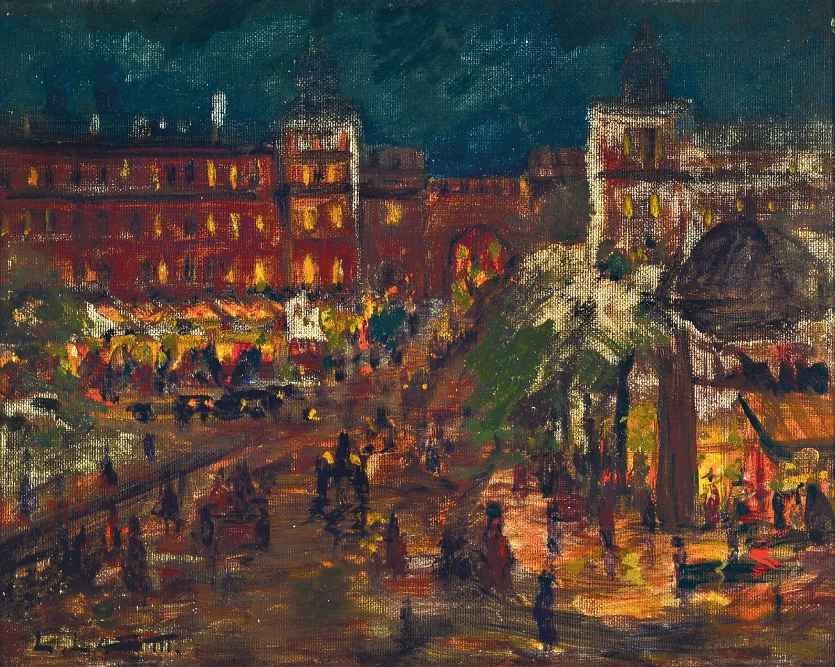 Leonid Lamm, 1878 Potolsk-1926 München, levendig stadscentrum in de avond, olie/karton