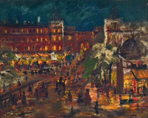 Leonid Lamm, 1878 Potolsk-1926 Munich, centre-ville animé le soir, huile/carton