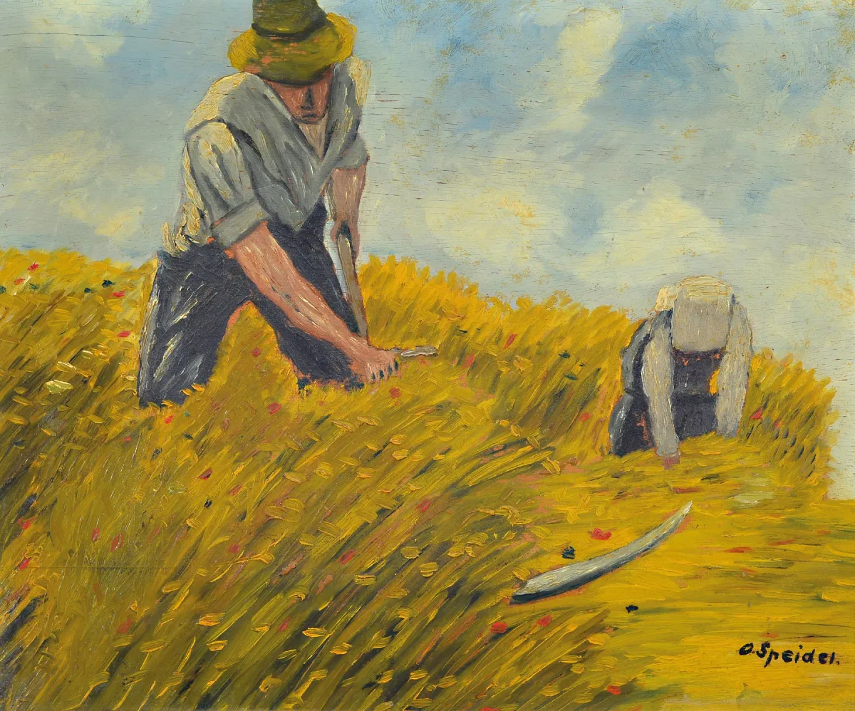 O. Speidel, Maler der 1. Hälfte des 20. Jh., Ernteszene, Öl/Holz, rechts unten