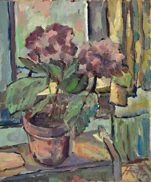 Heinz Reiss, 1923 Haßloch-2008, nature morte avec fleurs en pot à la fenêtre, signée et