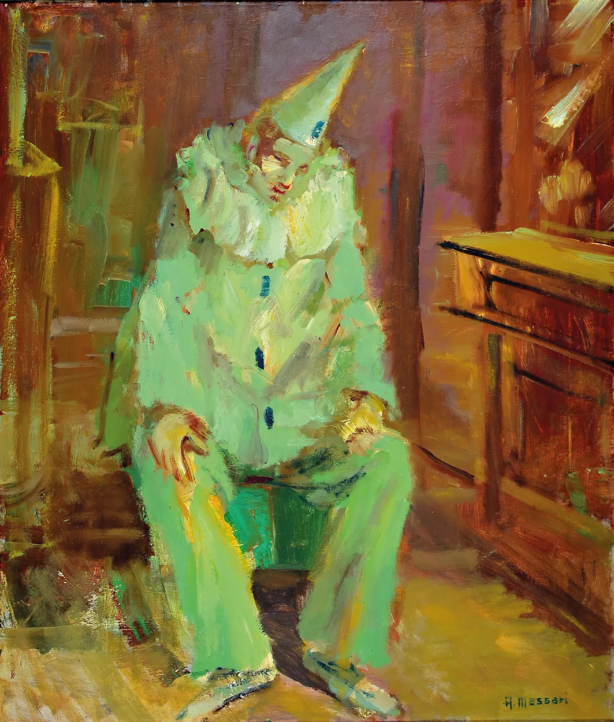 Aldo Massari, 1927-2000, Bajazzo, olie/doek, rechtsonder gesigneerd, ca. 70x60cm, lijst ca.