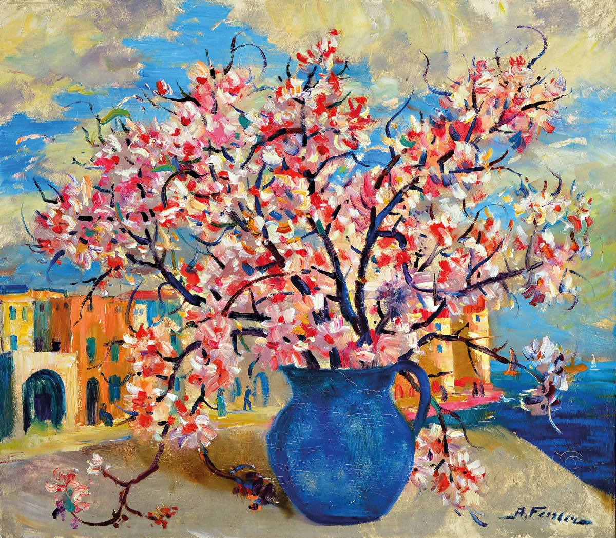 Albert Fessler, 1908-1978 Königsbach, Kirschblütenzweig in blauer Vase, Öl/Lwd,