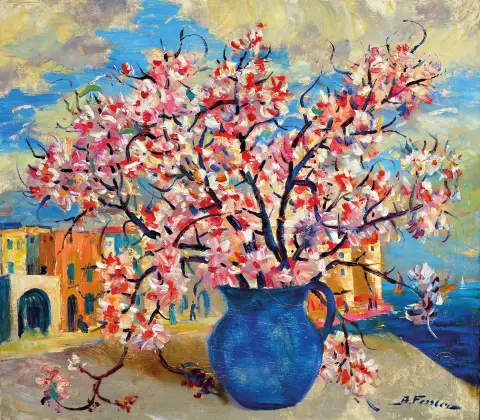 Albert Fessler, 1908-1978 Königsbach, branche de fleurs de cerisier dans un vase bleu, huile/toile
