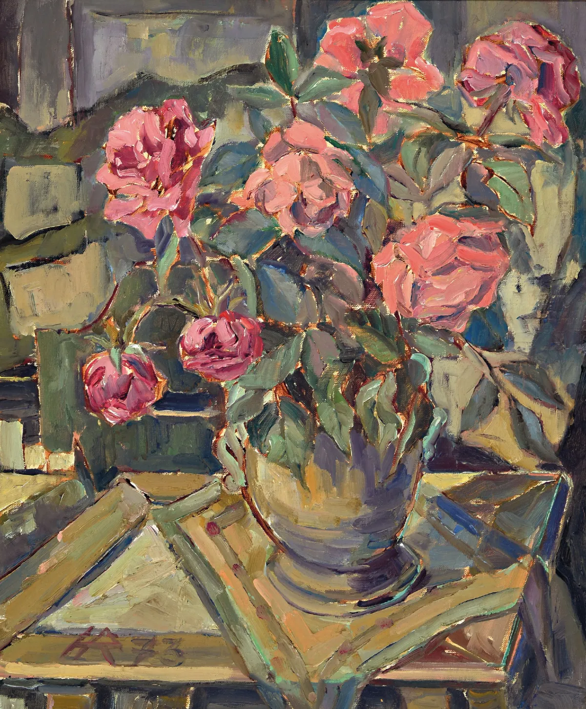 Heinz Reiss, 1923 Haßloch-2005, still life with pink-red roses, bottom left