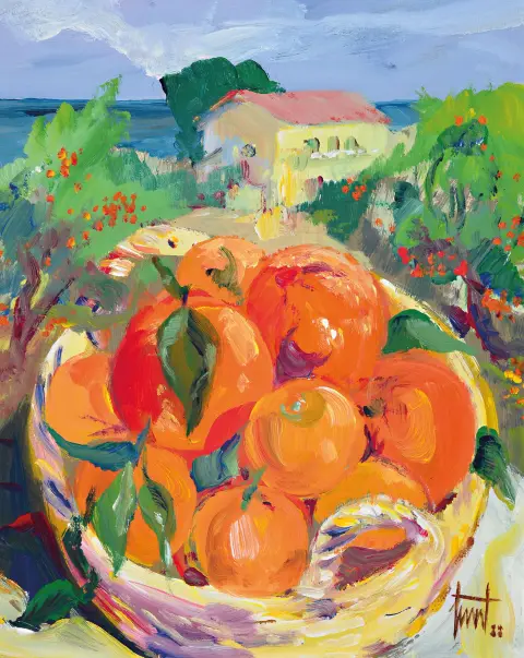 Georg Günther Zeuner, 1923 Dresde-2011 Spire, nature morte avec panier d'oranges dans